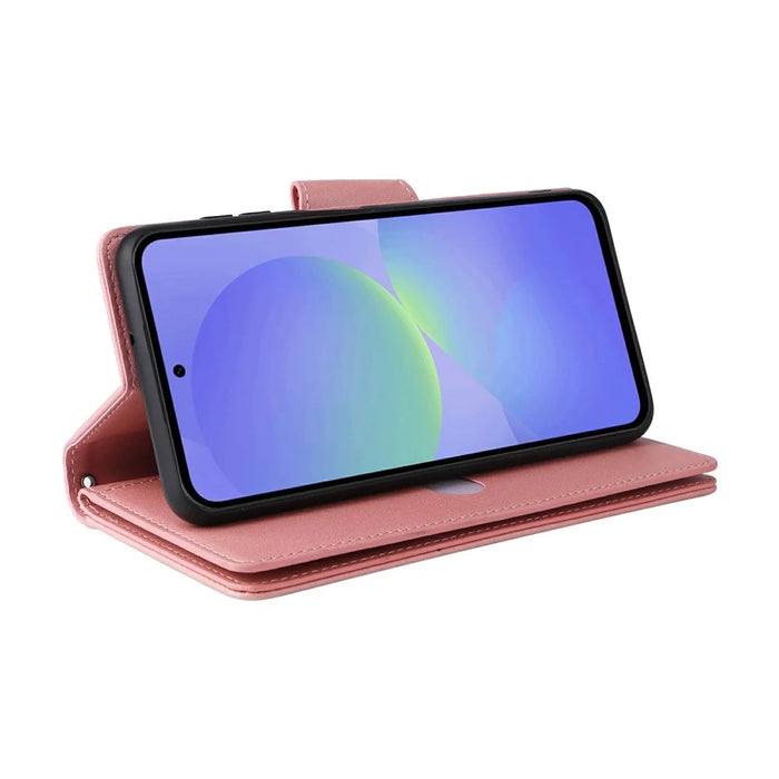 For Samsung Galaxy A57 5G Case Zipper Wallet Rivet Decor Leather Phone Cover with Wrist Strap - Rose Gold - 4