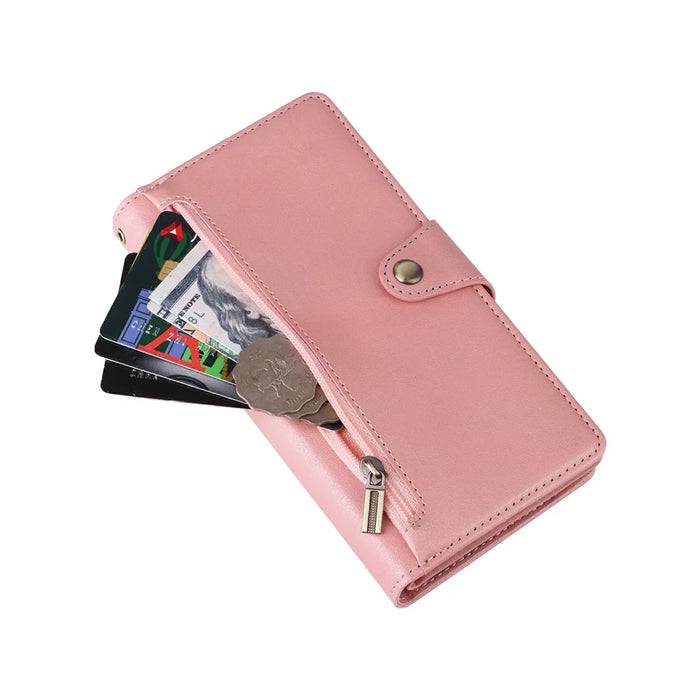For Samsung Galaxy A57 5G Case Zipper Wallet Rivet Decor Leather Phone Cover with Wrist Strap - Rose Gold - 7
