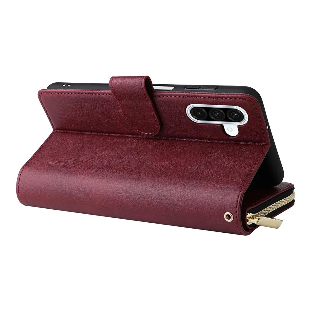 For Samsung Galaxy A57 5G Case Zipper Pocket 9 Card Slots PU Leather Phone Cover with Hand Strap - Wine Red - 5