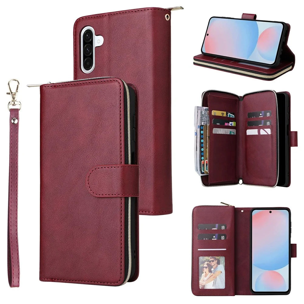 For Samsung Galaxy A37 5G Case Zipper Pocket 9 Card Slots PU Leather Phone Cover with Hand Strap - Wine Red - 1