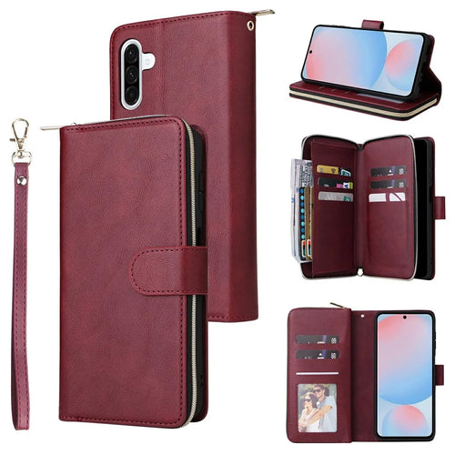 For Samsung Galaxy A37 5G Case Zipper Pocket 9 Card Slots PU Leather Phone Cover with Hand Strap - Wine Red - 1