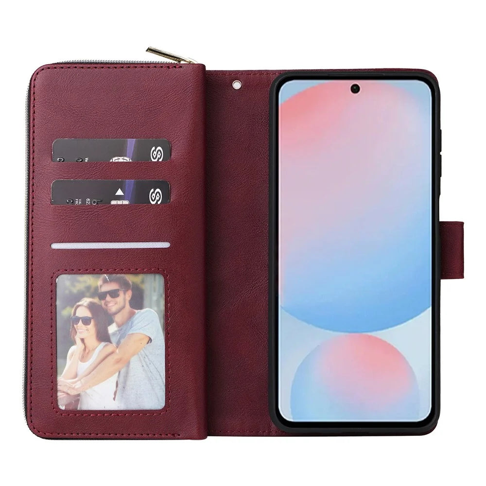 For Samsung Galaxy A37 5G Case Zipper Pocket 9 Card Slots PU Leather Phone Cover with Hand Strap - Wine Red - 2
