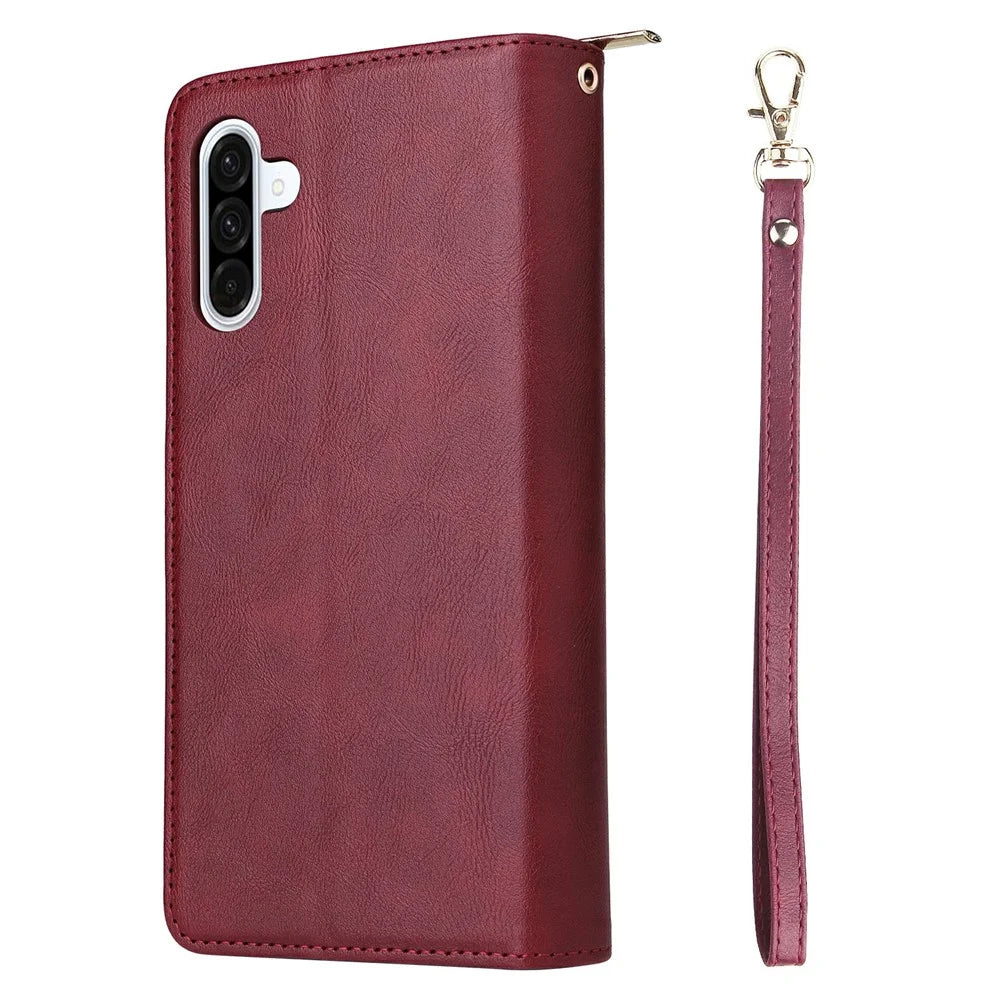 For Samsung Galaxy A37 5G Case Zipper Pocket 9 Card Slots PU Leather Phone Cover with Hand Strap - Wine Red - 7