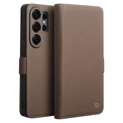 QIALINO For Samsung Galaxy S26 Ultra Case Litchi Texture TPU Leather PC Stand Wallet Flip Phone Cover - Brown - 1