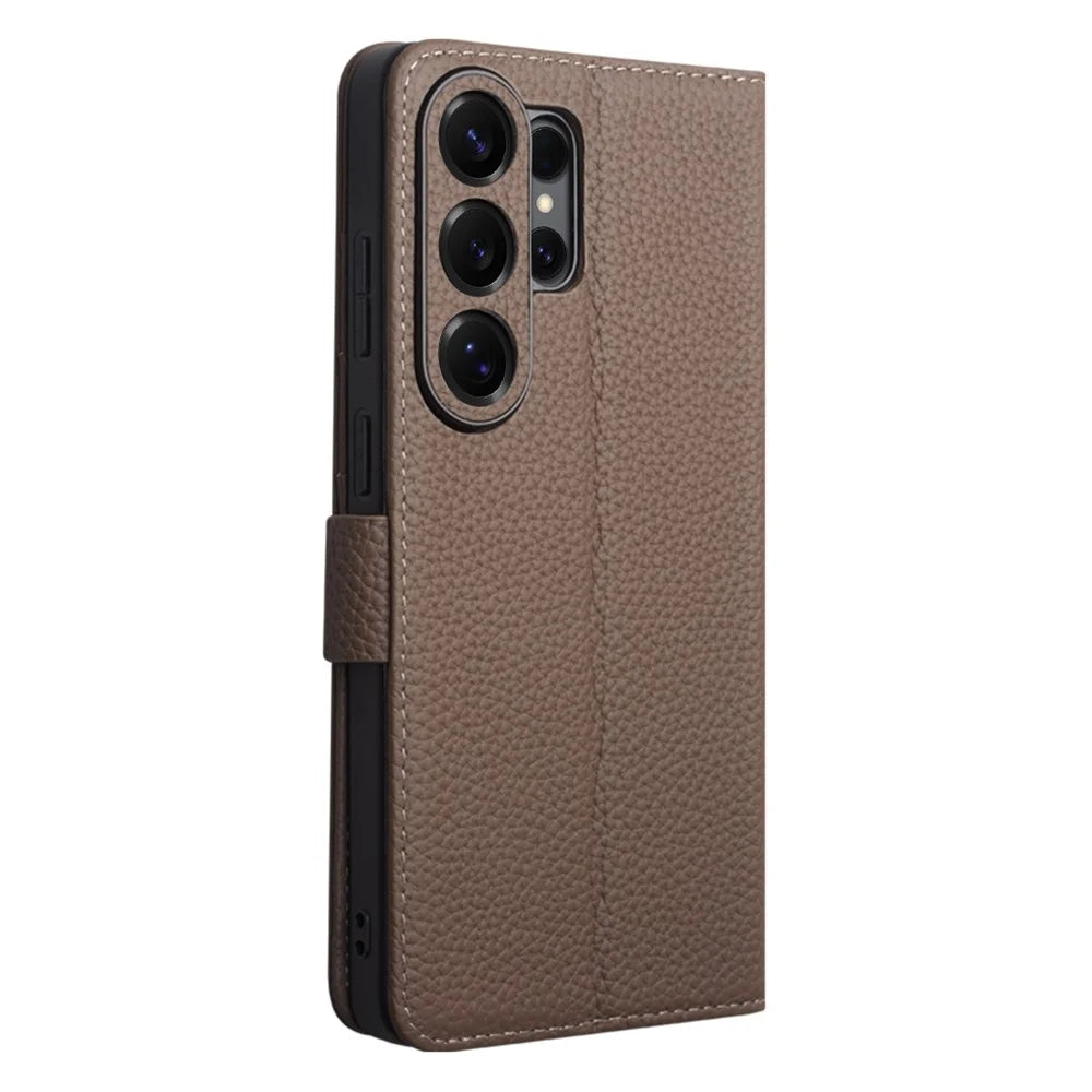 QIALINO For Samsung Galaxy S26 Ultra Case Litchi Texture TPU Leather PC Stand Wallet Flip Phone Cover - Brown - 4