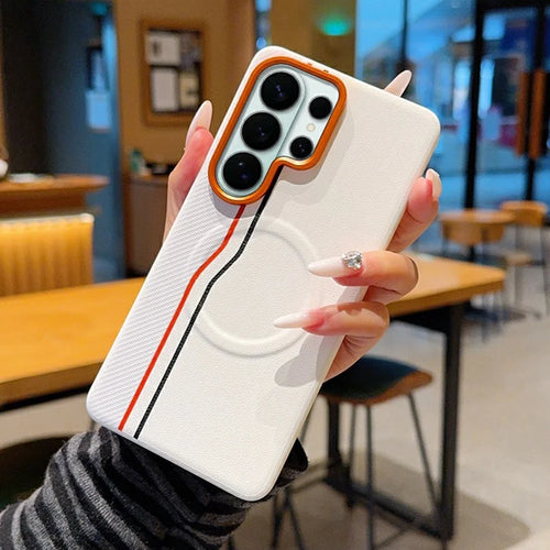 For Samsung Galaxy S26 Ultra Magnetic Case Dual Color Line Leather Coated PC + TPU Phone Cover - White - 1