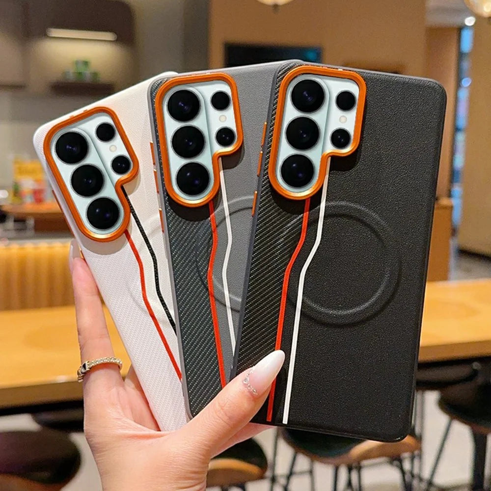 For Samsung Galaxy S26 Ultra Magnetic Case Dual Color Line Leather Coated PC + TPU Phone Cover - White - 4