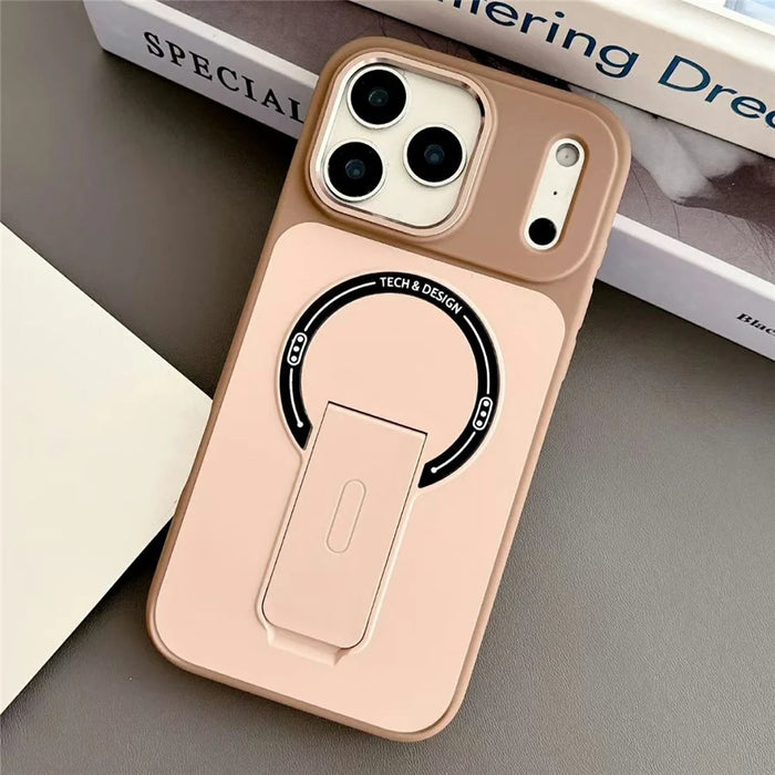 For iPhone 17 Pro Magnetic Case Kickstand Dual Color Skin Touch Rubberized PC + TPU Phone Cover - Brown - 1