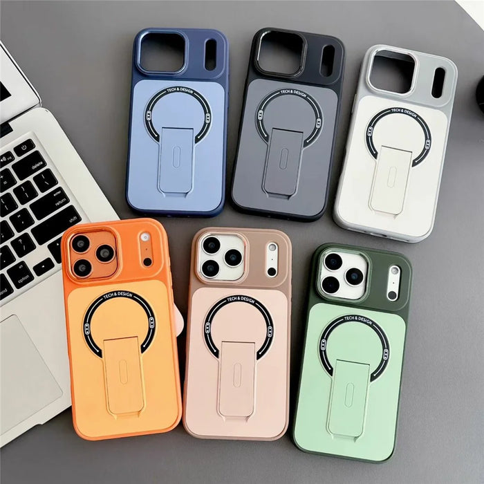 For iPhone 17 Pro Magnetic Case Kickstand Dual Color Skin Touch Rubberized PC + TPU Phone Cover - Brown - 5