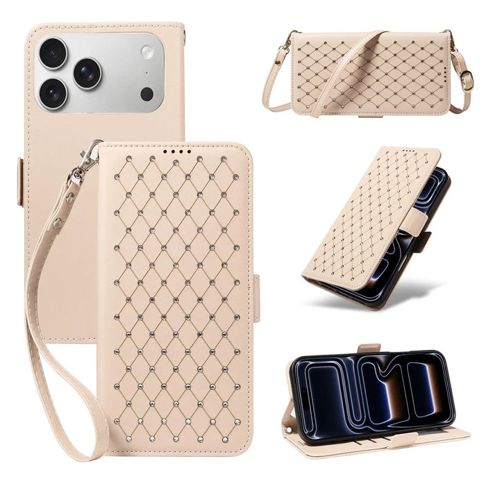 For iPhone 18 Pro Max / 17 Pro Max Leather Case Rhinestone Decor Rhombus Pattern Wallet Stand Flip Phone Cover with Straps - Apricot - 1
