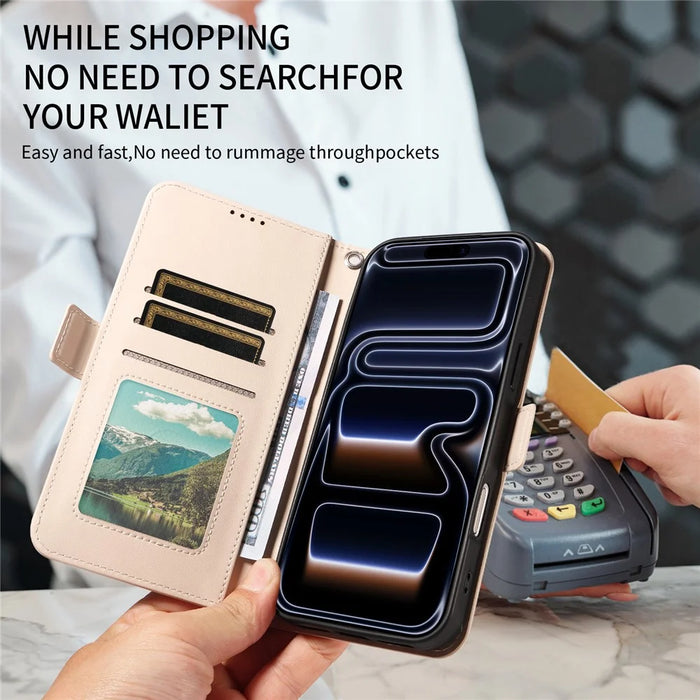 For iPhone 18 Pro Max / 17 Pro Max Leather Case Rhinestone Decor Rhombus Pattern Wallet Stand Flip Phone Cover with Straps - Apricot - 5