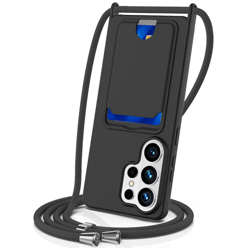 For Samsung Galaxy S26 Ultra Case Liquid Silicone Card Holder Back Phone Cover with Lanyard - Black - 1