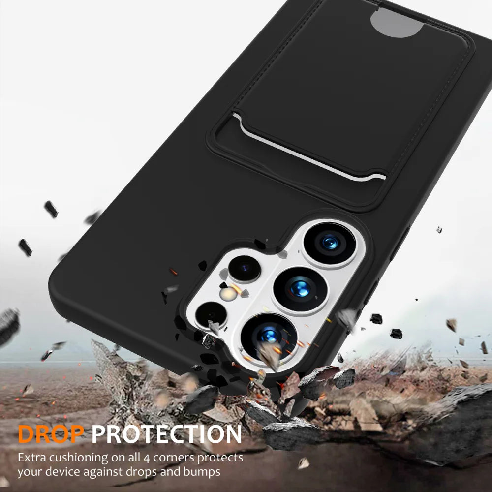 For Samsung Galaxy S26 Ultra Case Liquid Silicone Card Holder Back Phone Cover with Lanyard - Black - 2