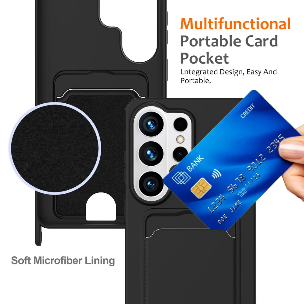 For Samsung Galaxy S26 Ultra Case Liquid Silicone Card Holder Back Phone Cover with Lanyard - Black - 4