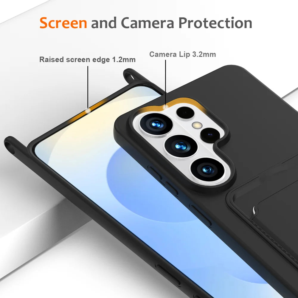 For Samsung Galaxy S26 Ultra Case Liquid Silicone Card Holder Back Phone Cover with Lanyard - Black - 5
