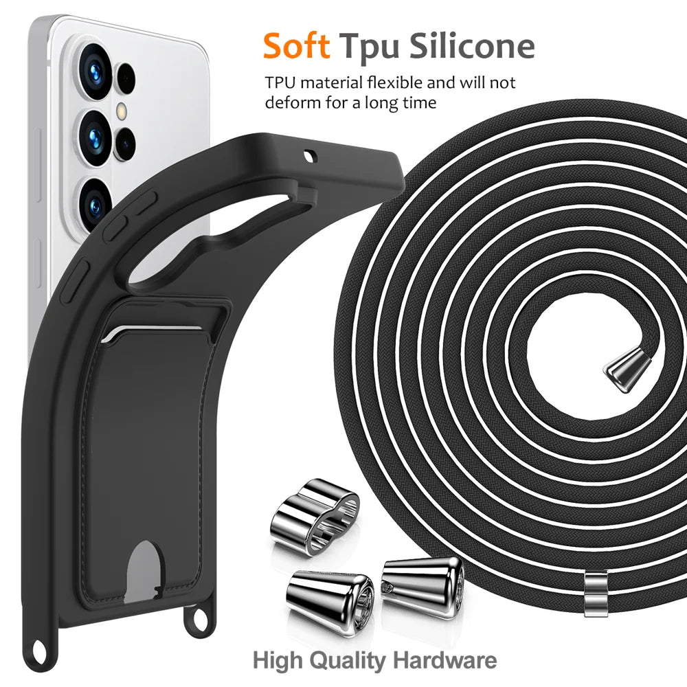 For Samsung Galaxy S26 Ultra Case Liquid Silicone Card Holder Back Phone Cover with Lanyard - Black - 7