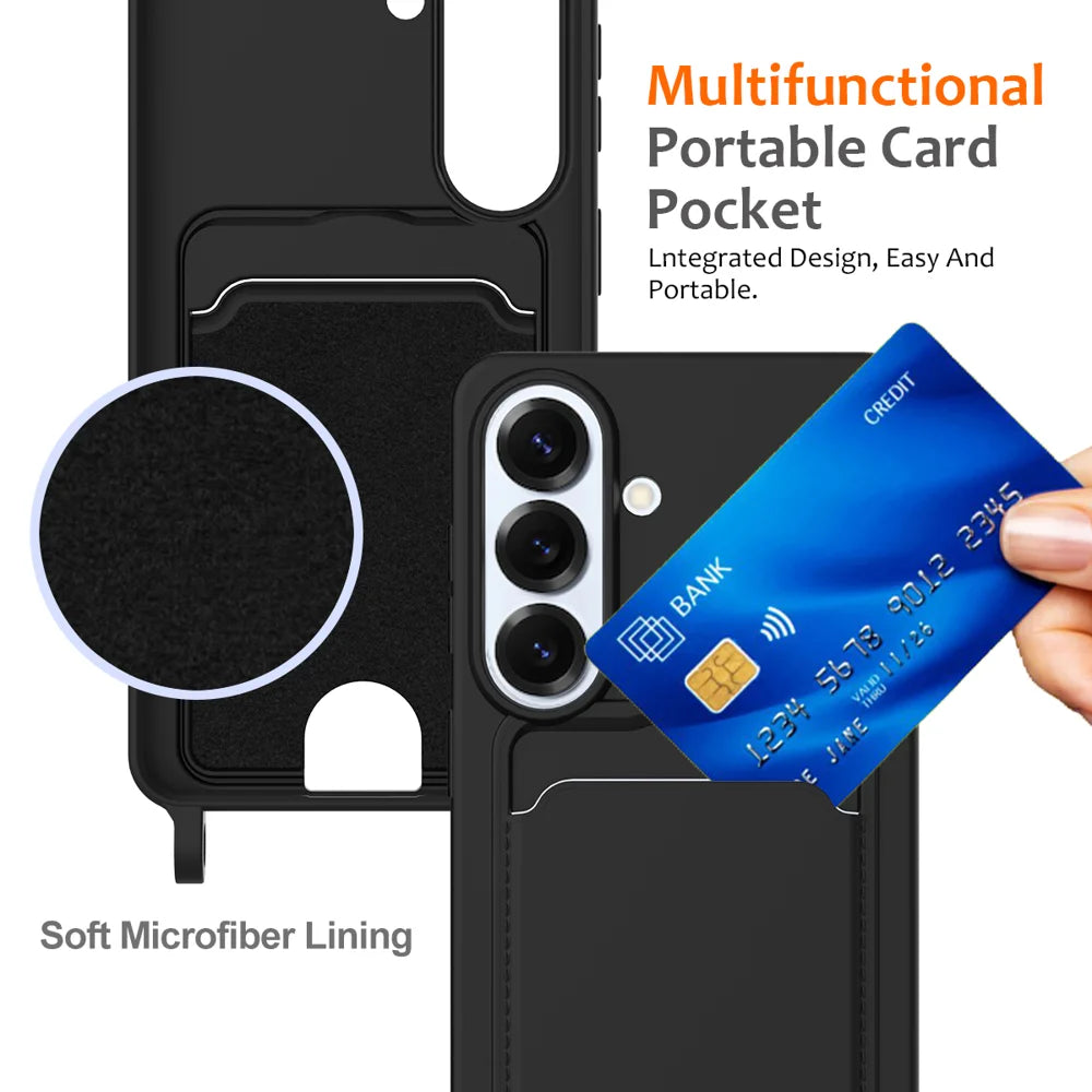 For Samsung Galaxy S26 Case Liquid Silicone Card Holder Back Phone Cover with Lanyard - Black - 4