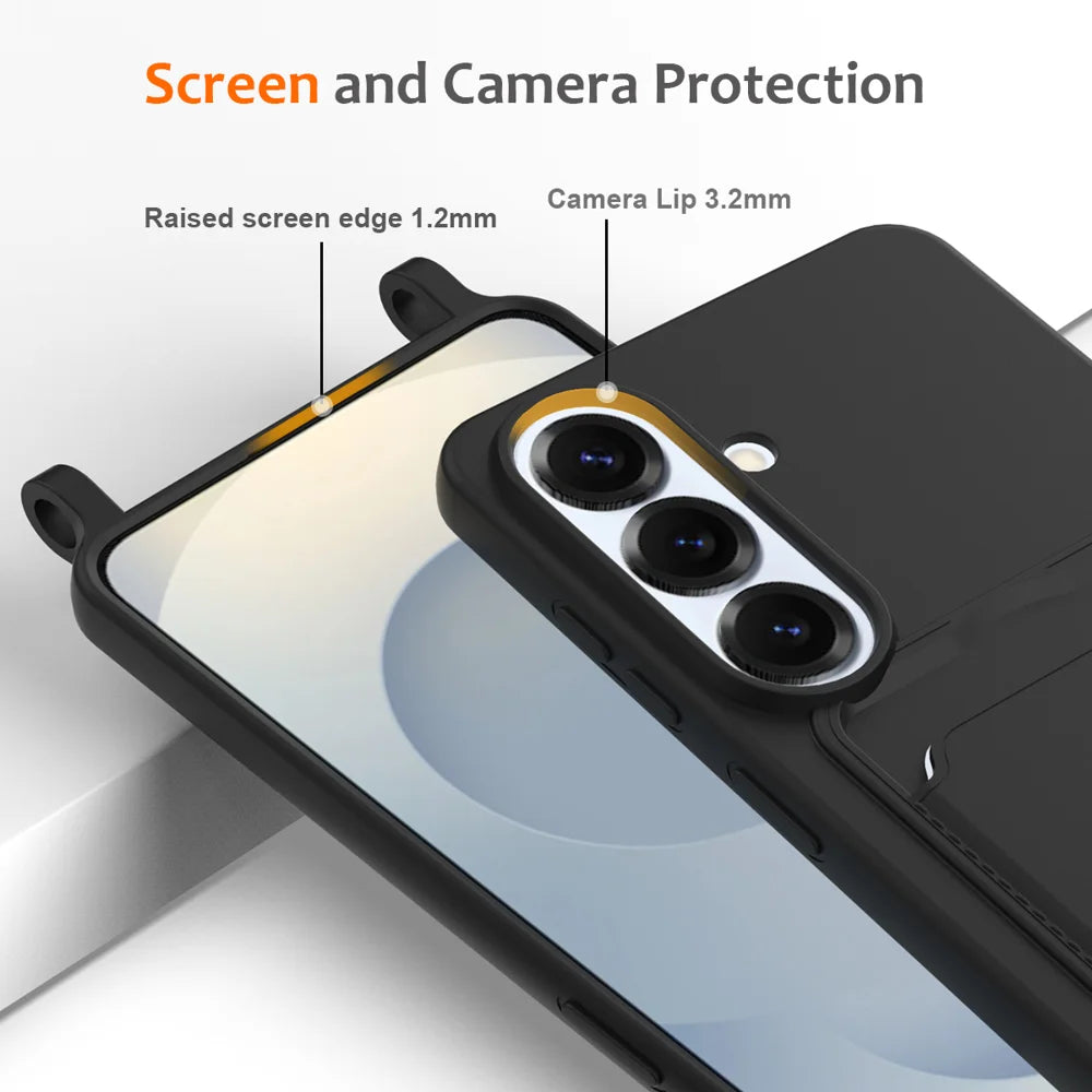 For Samsung Galaxy S26 Case Liquid Silicone Card Holder Back Phone Cover with Lanyard - Black - 5