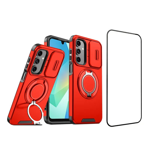 For Samsung Galaxy A16 4G / Galaxy A17 5G / Galaxy A17 4G / Galaxy A16 5G Magnetic Case with Screen Film / Slide Lens Cover / Kickstand TPU + PC Phone Shell - Red - 1
