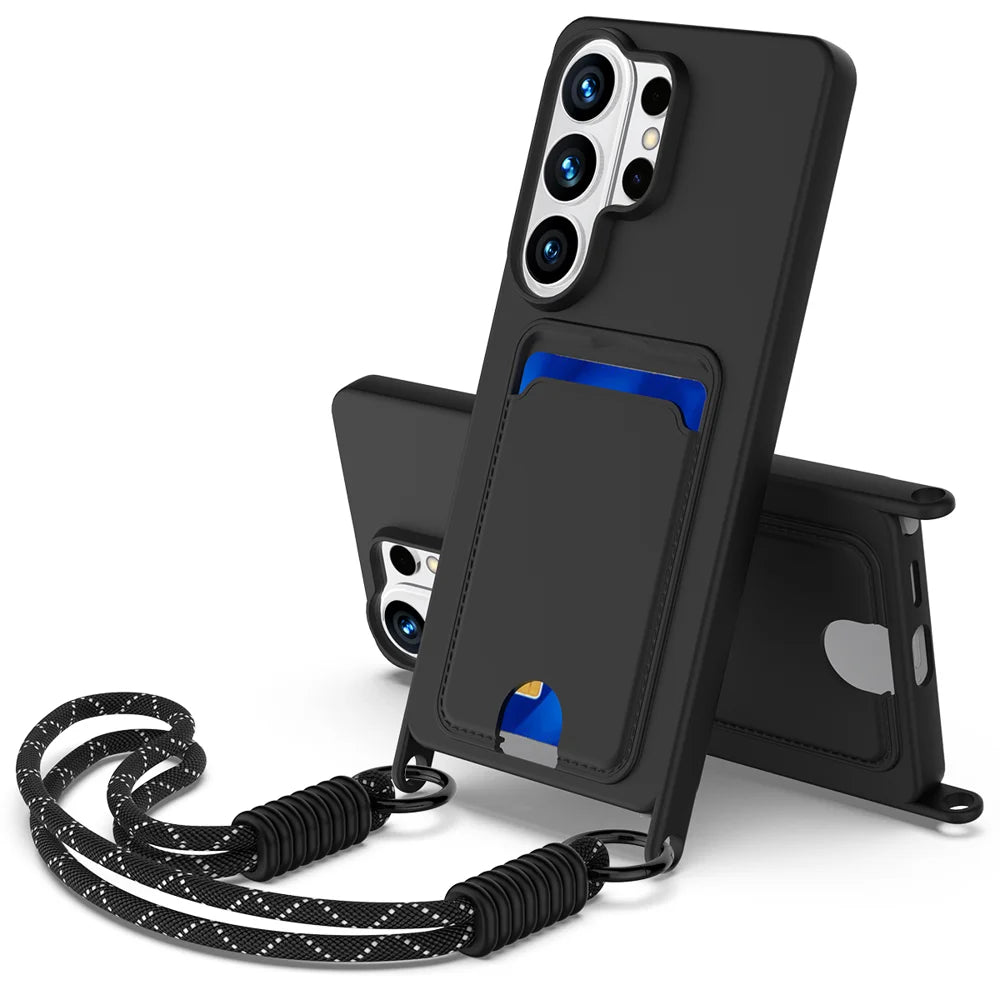 For Samsung Galaxy S26 Ultra Liquid Silicone Case  Phone Back Cover with Card Holder and Short Strap - Black - 1