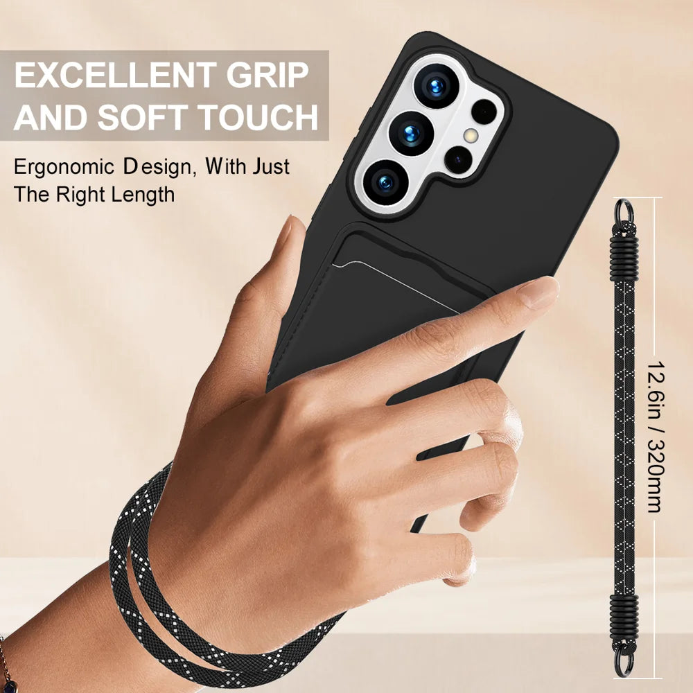 For Samsung Galaxy S26 Ultra Liquid Silicone Case  Phone Back Cover with Card Holder and Short Strap - Black - 3