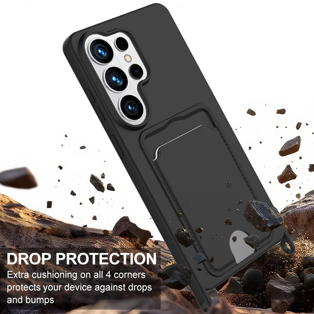 For Samsung Galaxy S26 Ultra Liquid Silicone Case  Phone Back Cover with Card Holder and Short Strap - Black - 5