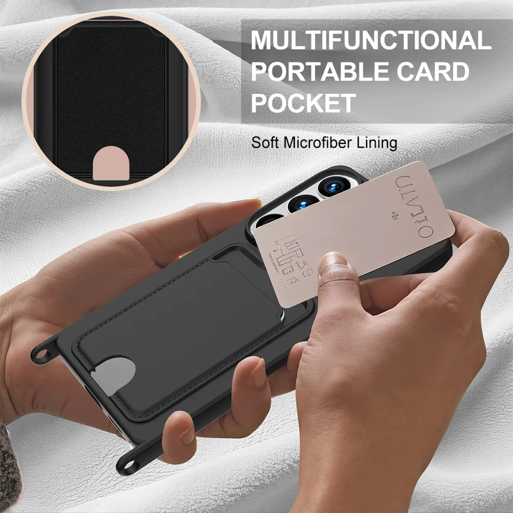 For Samsung Galaxy S26 Ultra Liquid Silicone Case  Phone Back Cover with Card Holder and Short Strap - Black - 6