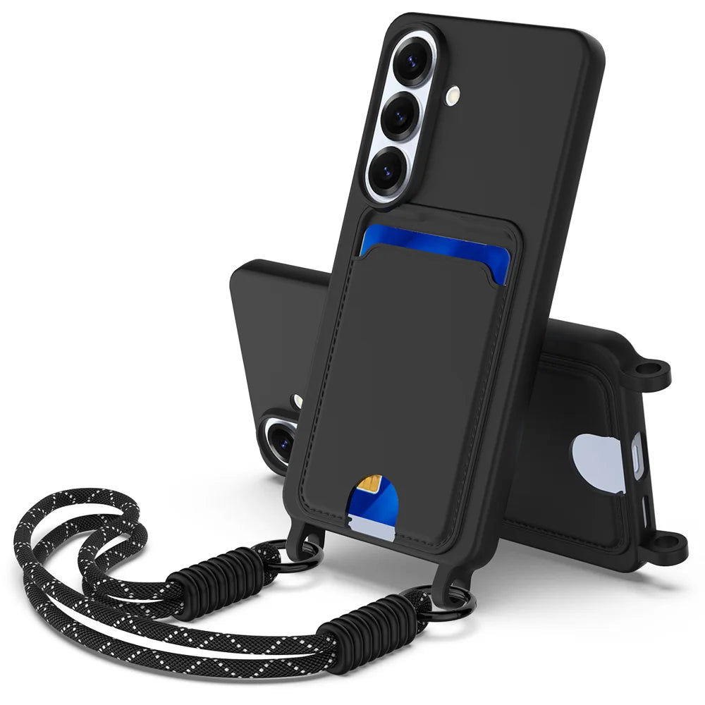 For Samsung Galaxy S26 Liquid Silicone Case  Phone Back Cover with Card Holder and Short Strap - Black - 1