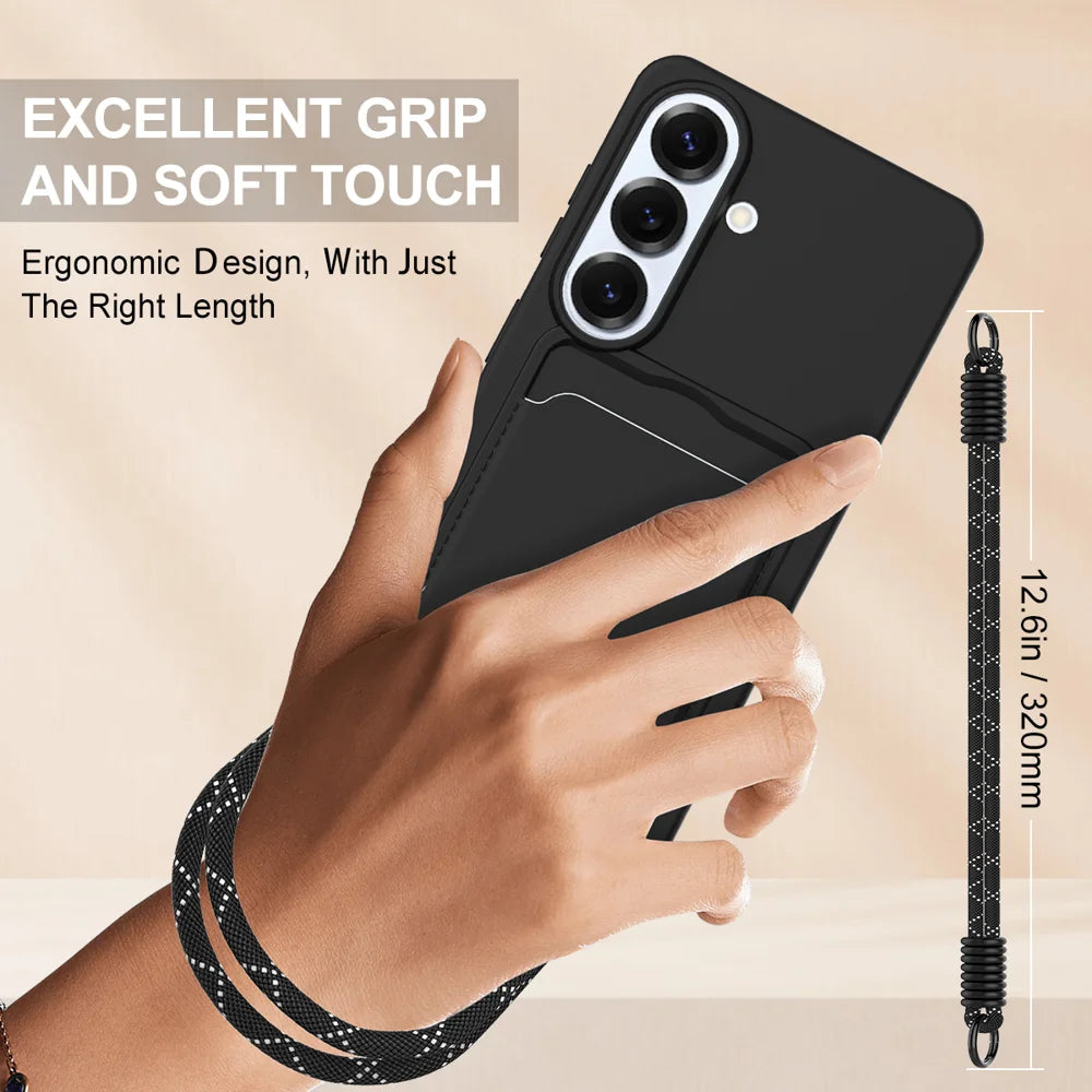 For Samsung Galaxy S26 Liquid Silicone Case  Phone Back Cover with Card Holder and Short Strap - Black - 3