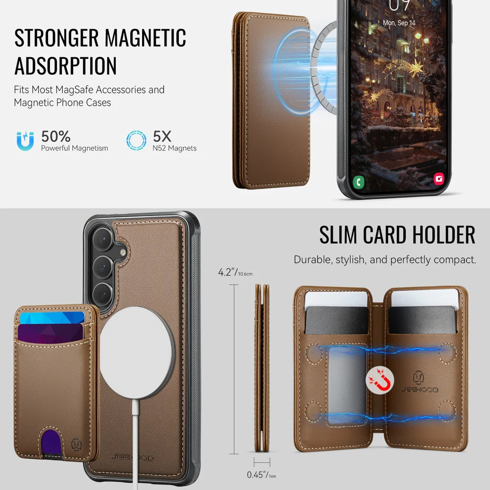JEEHOOD For Samsung Galaxy S26 Magnetic Case  J10 Leather Back Phone Cover with Detachable Card Holder Kickstand - Brown - 6