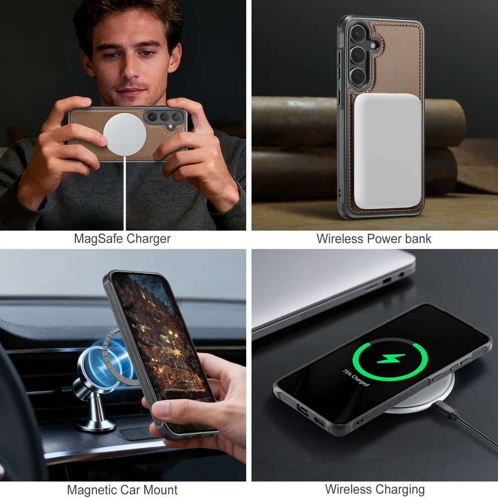 JEEHOOD For Samsung Galaxy S26 Magnetic Case  J10 Leather Back Phone Cover with Detachable Card Holder Kickstand - Brown - 7