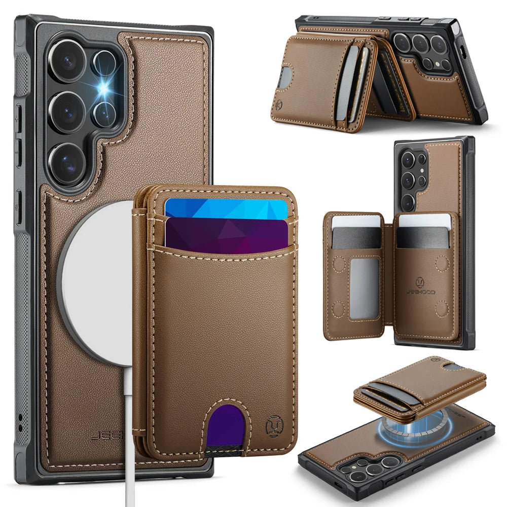 JEEHOOD For Samsung Galaxy S26 Ultra Magnetic Case  J10 Leather Back Phone Cover with Detachable Card Holder Kickstand - Brown - 1