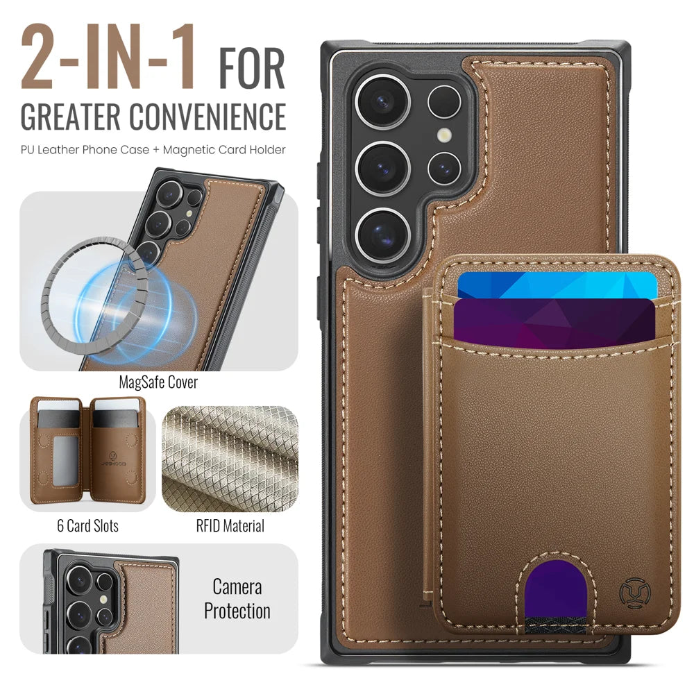 JEEHOOD For Samsung Galaxy S26 Ultra Magnetic Case  J10 Leather Back Phone Cover with Detachable Card Holder Kickstand - Brown - 2