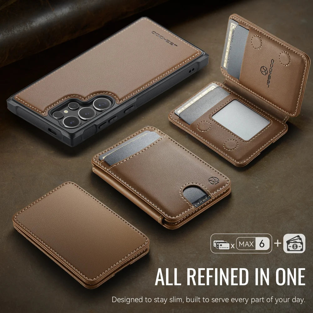 JEEHOOD For Samsung Galaxy S26 Ultra Magnetic Case  J10 Leather Back Phone Cover with Detachable Card Holder Kickstand - Brown - 5