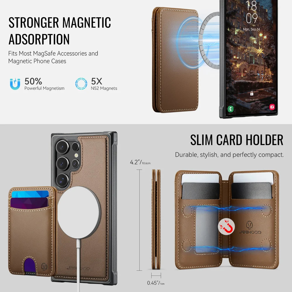 JEEHOOD For Samsung Galaxy S26 Ultra Magnetic Case  J10 Leather Back Phone Cover with Detachable Card Holder Kickstand - Brown - 6