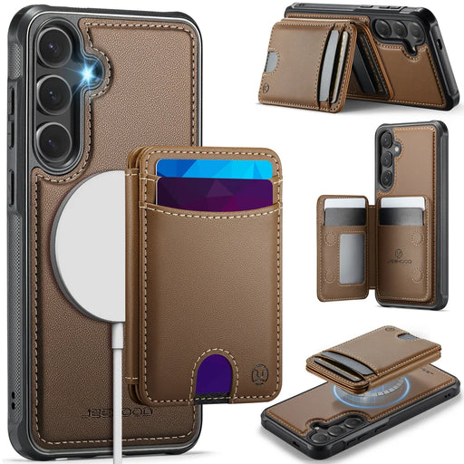 JEEHOOD For Samsung Galaxy S26+ Magnetic Case  J10 Leather Back Phone Cover with Detachable Card Holder Kickstand - Brown - 1