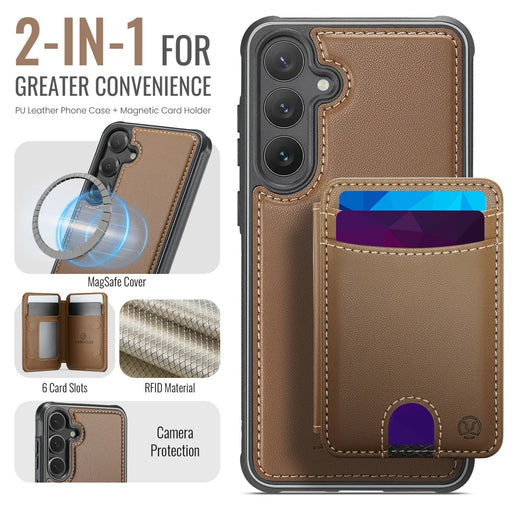 JEEHOOD For Samsung Galaxy S26+ Magnetic Case  J10 Leather Back Phone Cover with Detachable Card Holder Kickstand - Brown - 2