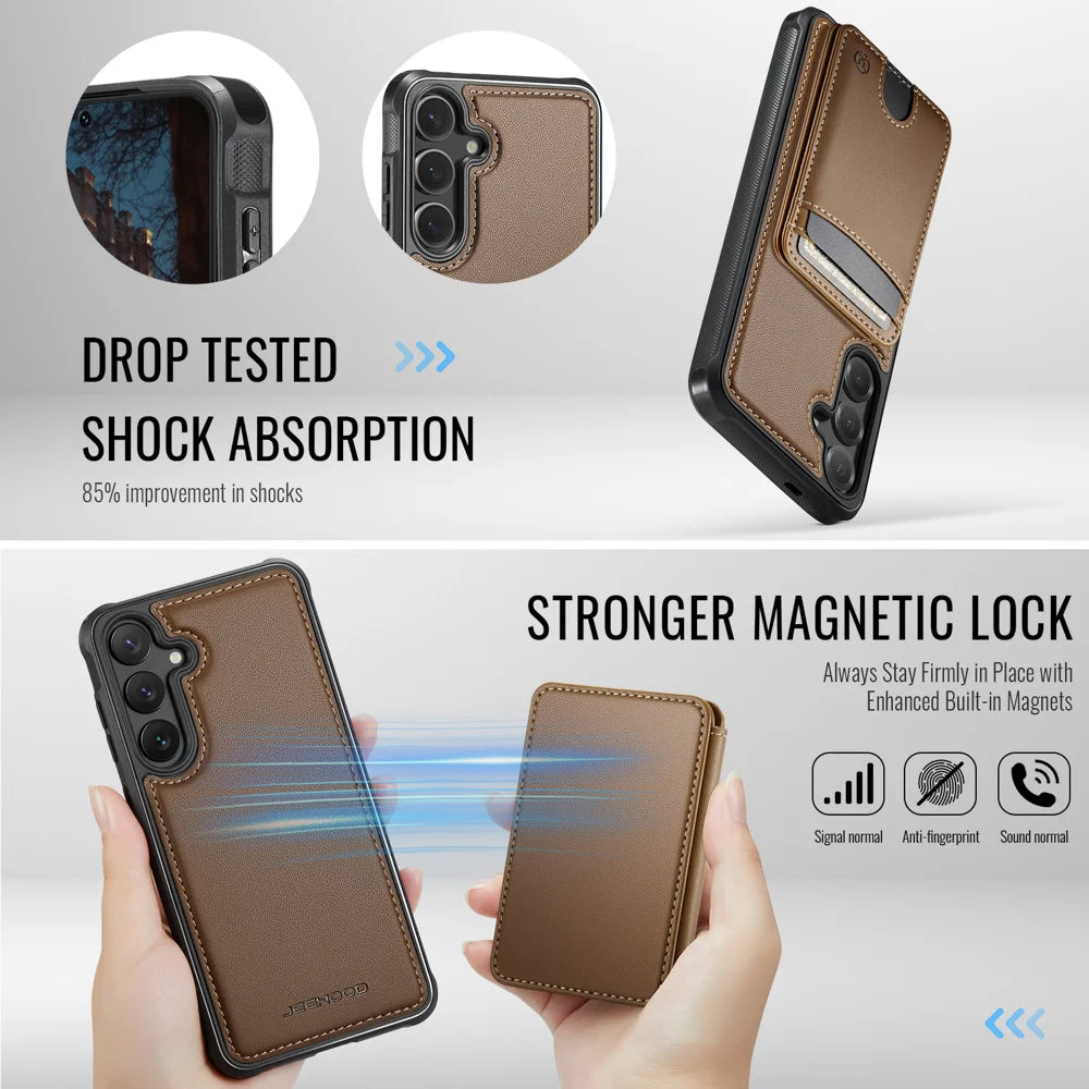 JEEHOOD For Samsung Galaxy S26+ Magnetic Case  J10 Leather Back Phone Cover with Detachable Card Holder Kickstand - Brown - 3