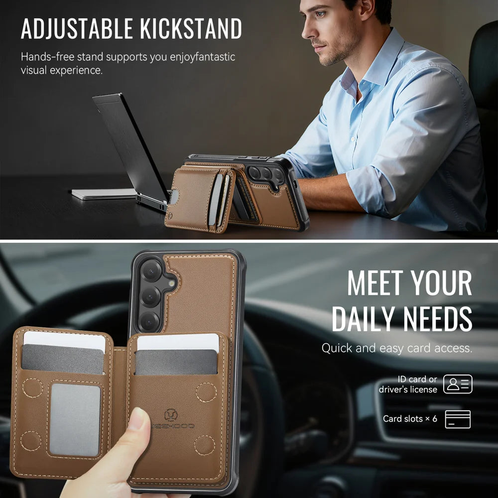 JEEHOOD For Samsung Galaxy S26+ Magnetic Case  J10 Leather Back Phone Cover with Detachable Card Holder Kickstand - Brown - 4