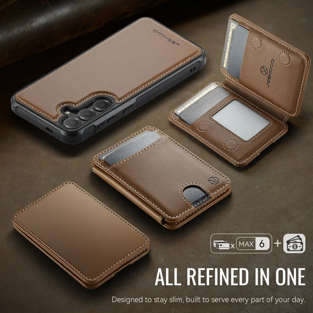 JEEHOOD For Samsung Galaxy S26+ Magnetic Case  J10 Leather Back Phone Cover with Detachable Card Holder Kickstand - Brown - 5