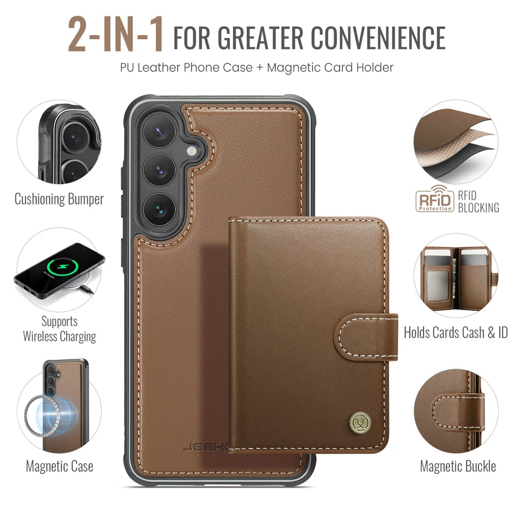 JEEHOOD For Samsung Galaxy S26 Magnetic Case  J09 RFID Blocking Card Holder Leather Back Phone Cover - Brown - 2