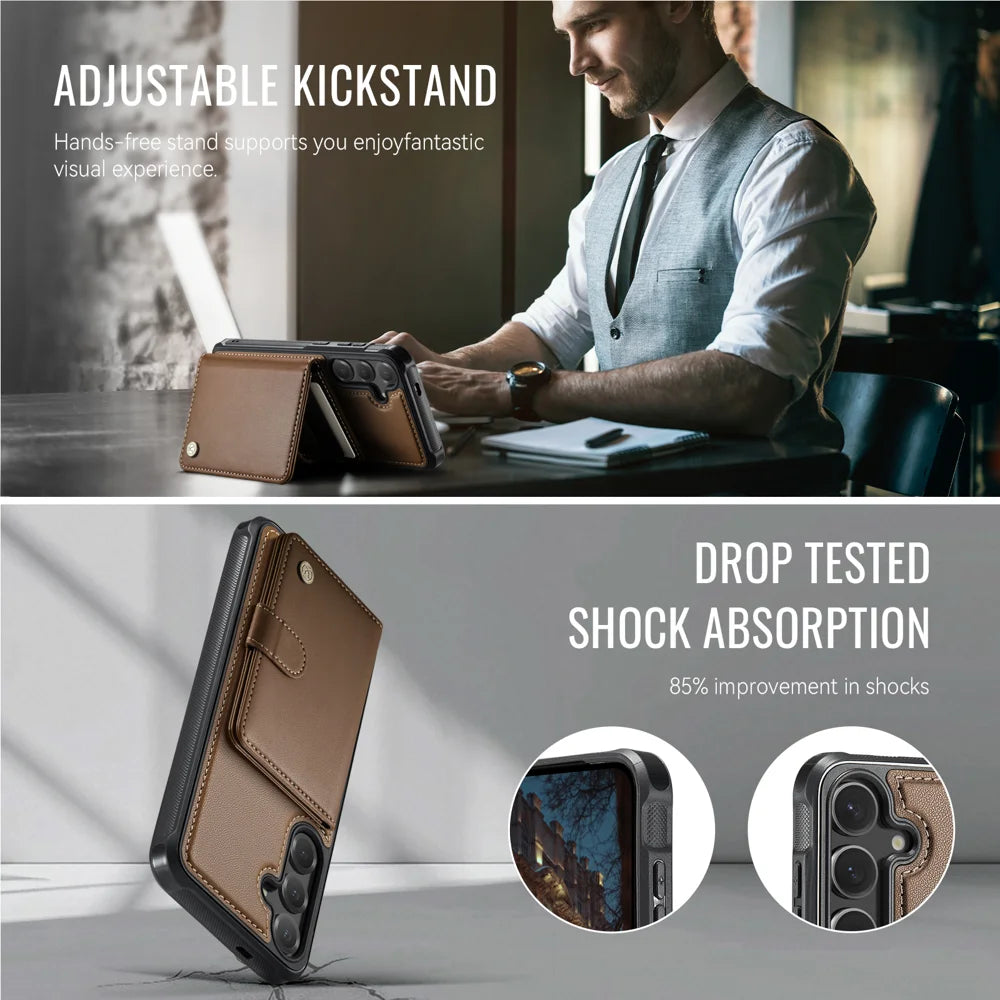 JEEHOOD For Samsung Galaxy S26 Magnetic Case  J09 RFID Blocking Card Holder Leather Back Phone Cover - Brown - 5