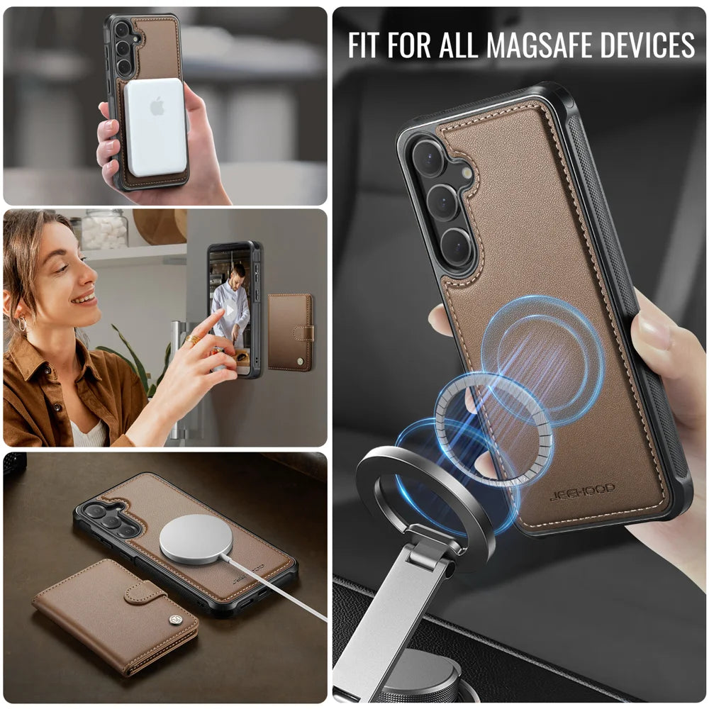 JEEHOOD For Samsung Galaxy S26 Magnetic Case  J09 RFID Blocking Card Holder Leather Back Phone Cover - Brown - 6