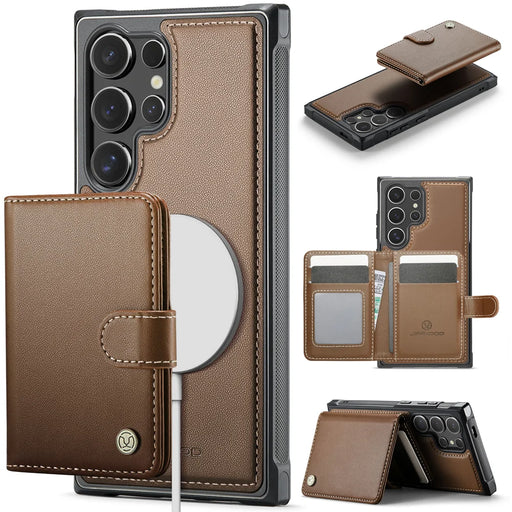 JEEHOOD For Samsung Galaxy S26 Ultra Magnetic Case  J09 RFID Blocking Card Holder Leather Back Phone Cover - Brown - 1