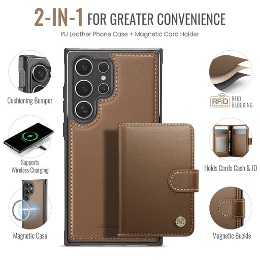 JEEHOOD For Samsung Galaxy S26 Ultra Magnetic Case  J09 RFID Blocking Card Holder Leather Back Phone Cover - Brown - 2