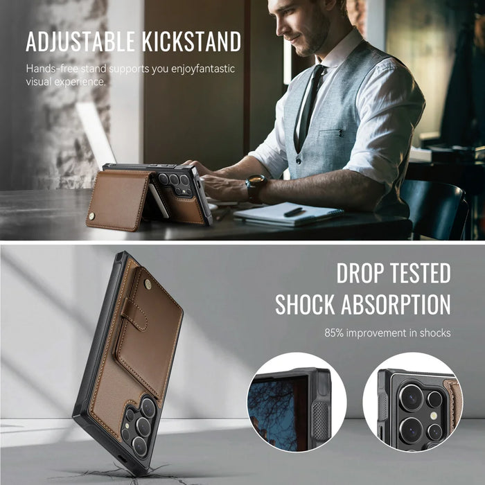 JEEHOOD For Samsung Galaxy S26 Ultra Magnetic Case  J09 RFID Blocking Card Holder Leather Back Phone Cover - Brown - 5