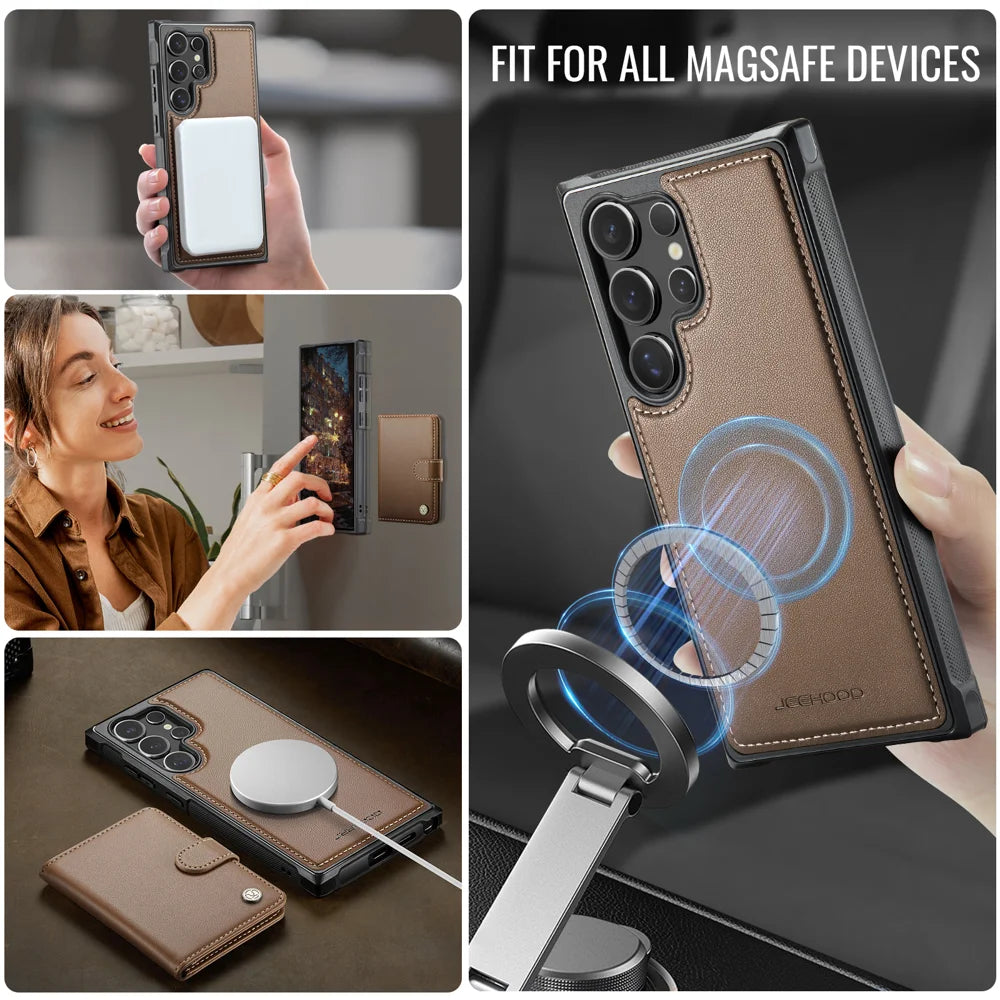 JEEHOOD For Samsung Galaxy S26 Ultra Magnetic Case  J09 RFID Blocking Card Holder Leather Back Phone Cover - Brown - 6