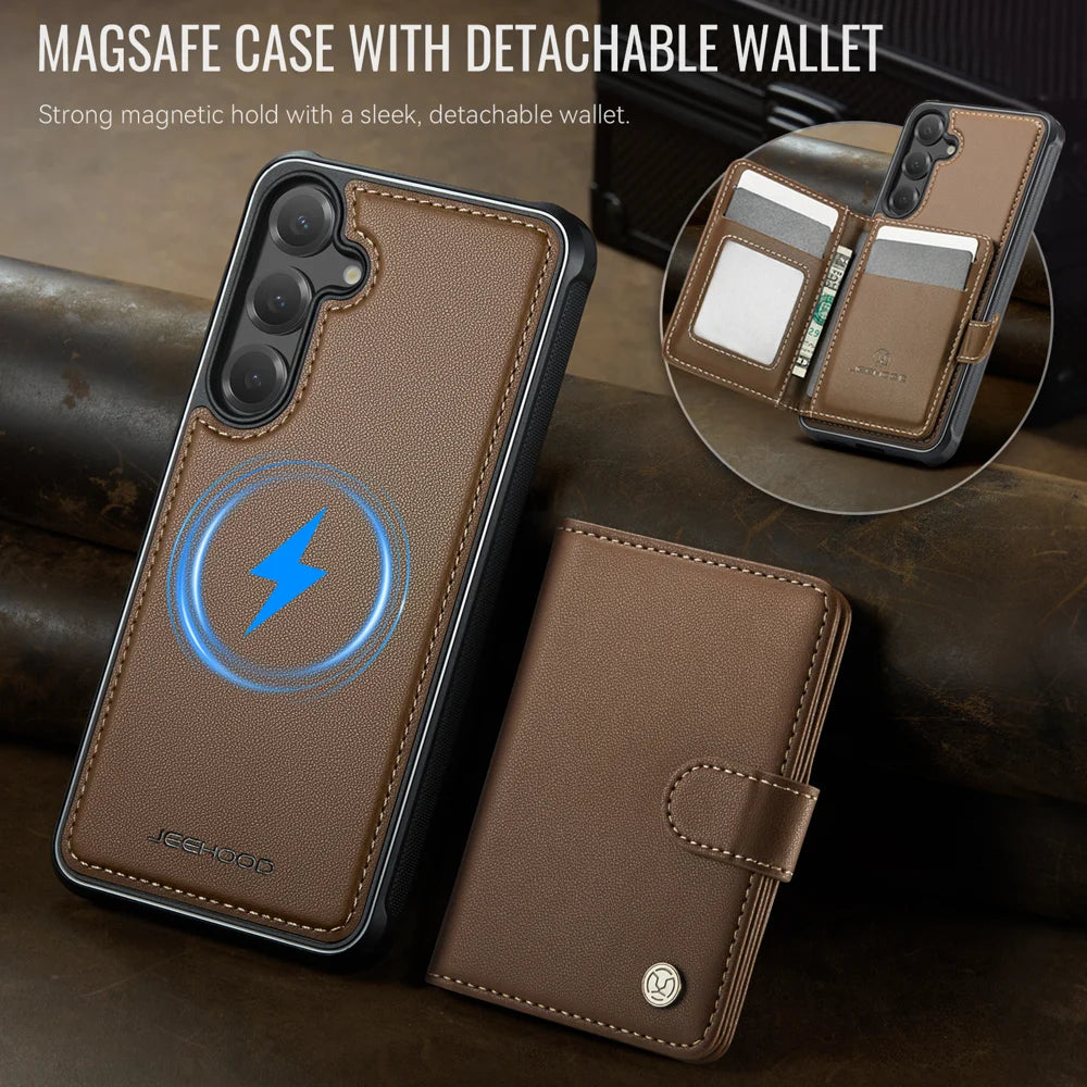 JEEHOOD For Samsung Galaxy S26+ Magnetic Case  J09 RFID Blocking Card Holder Leather Back Phone Cover - Brown - 3