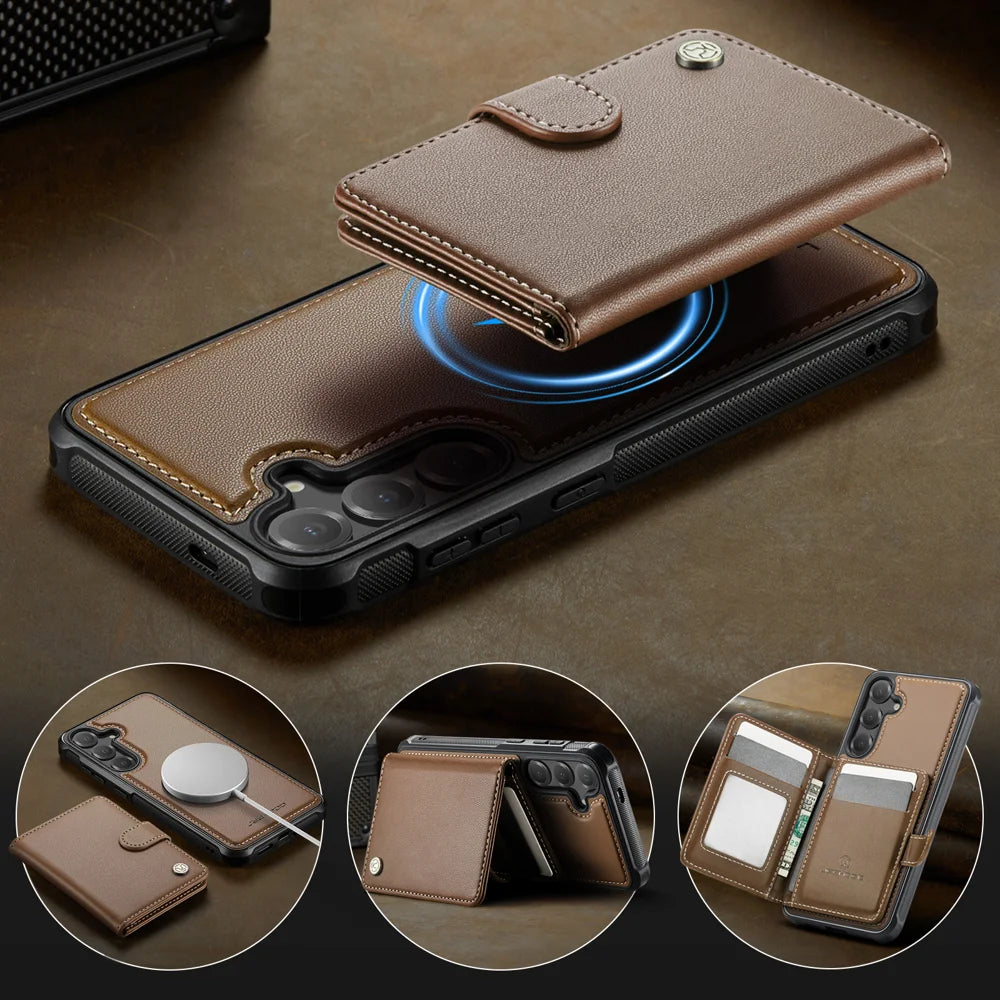 JEEHOOD For Samsung Galaxy S26+ Magnetic Case  J09 RFID Blocking Card Holder Leather Back Phone Cover - Brown - 7