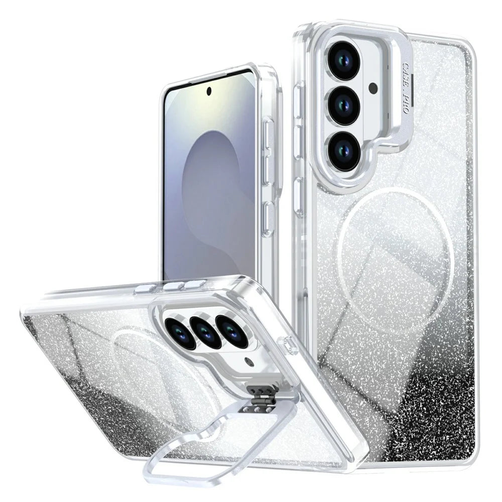 For Samsung Galaxy S26 Magnetic Case Gradient Glitter Shockproof TPU PC Phone Cover - Black - 1